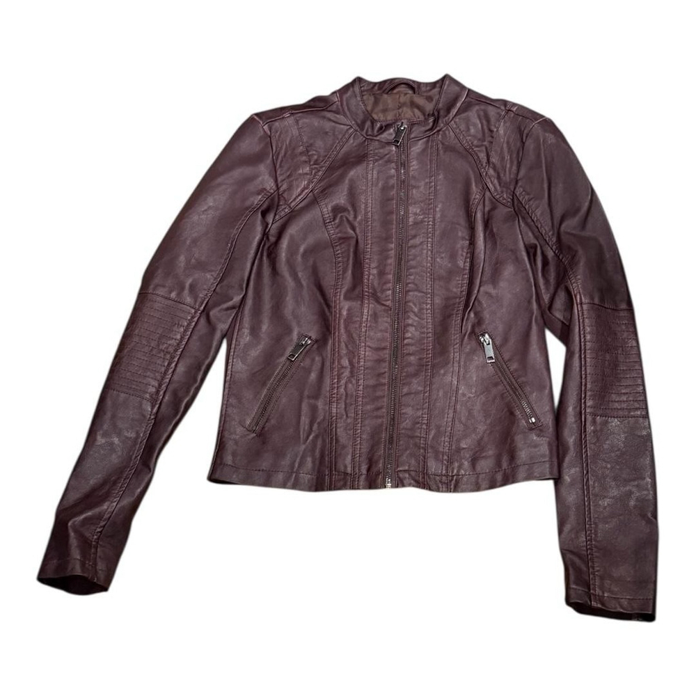 Maurices Jacket Womens Extra Small Faux Leather Moto Burgundy Zip Pockets
